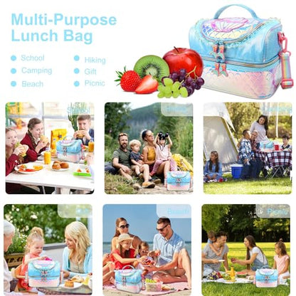 RHCPFOVR Kids Lunch Bag - Double - Decker Cooler Insulated Lunch Box for Boys Girls Women,Washable Lunch Bag with Strap and Reusable Toddler Lunchbox for School and Daycare - color: Blue Mermaid