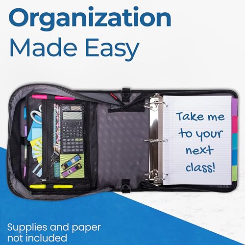 Case-it King Sized Zip Tab School Zipper Binder | 4-Inch D-Rings, 800 Sheet Capacity, 5-Subject Expanding File Folder, Multiple Pockets & Storage Organizer, Shoulder Strap | D-186 Jet Black | 4 Pack