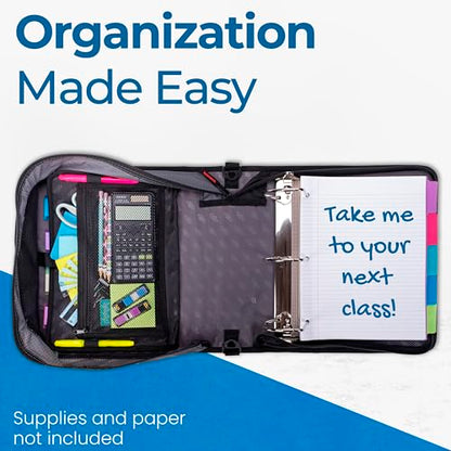 Case-it King Sized Zip Tab School Zipper Binder | 4-Inch D-Rings, 800 Sheet Capacity, 5-Subject Expanding File Folder, Multiple Pockets & Storage Organizer, Shoulder Strap | D-186 Jet Black | 4 Pack