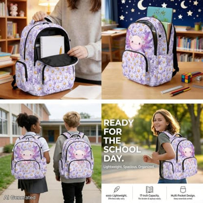 Daisy Axolotl Backpack for Boys Girls with Lunch Box Kids Bookbags for Boys Ages 5-10 Backpack with Lunch Bag 4Pcs Set Pencil Case Water Bottle Pouch Elementary 17 inch School Accessories - color: Daisy Axolotl
