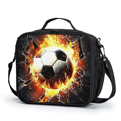 Soccer Lunch Box Fire Football Out of Wall Kids Lunch Bag With Shoulder Strap for Boys Girls Durable Insulated Lunch Cooler Bag Thermal Meal Tote for School Picnic Black - color: A-Soccer Fire