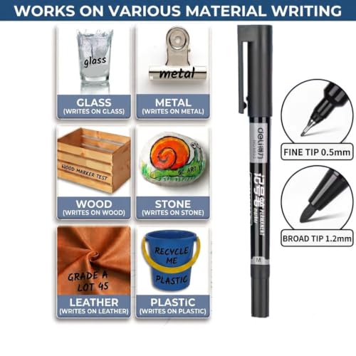 deli 12 Count Black Dual Tip Waterproof Permanent Marker Pens Bulk | Quick Dry Ink,Fine point,for writing,labeling,drawing,posters,office,DIY & school crafts;works on wood,plastic,glass,metal