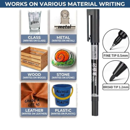 deli 12 Count Black Dual Tip Waterproof Permanent Marker Pens Bulk | Quick Dry Ink,Fine point,for writing,labeling,drawing,posters,office,DIY & school crafts;works on wood,plastic,glass,metal
