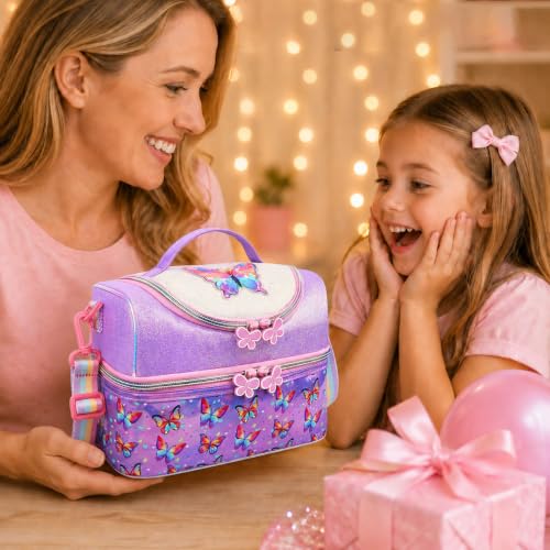 RHCPFOVR Kids Lunch Bag - Double - Decker Cooler Insulated Lunch Box for Boys Girls Women,Washable Lunch Bag with Strap and Reusable Toddler Lunchbox for School and Daycare - color: Purple Butterfly 1