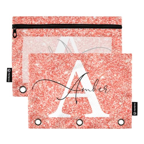 Personalized Pencil Pouch for 3 Ring Binder Coral Glitter Custom Pencil Pouches Case Binder Cosmetic Bag 2 Pack for Office School College Supplies - color: Coral Glitter