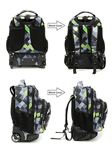 Tilami Rolling Backpack Armor Luggage School Travel Book Laptop 18 Inch Multifunction Wheeled Backpack for Kids and Students - color: Green Plaid