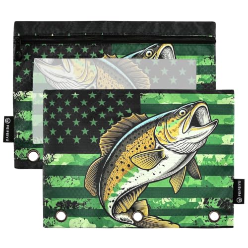 Gredecor 3 Ring Binder Pencil Pouch, American Flag Fishing Zippered Pen Case Pouches with Clear Window, 2 Pack Stylish Office & School Supplie - color: American Flag Fishing