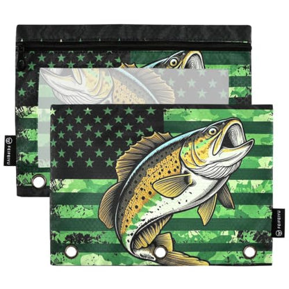 Gredecor 3 Ring Binder Pencil Pouch, American Flag Fishing Zippered Pen Case Pouches with Clear Window, 2 Pack Stylish Office & School Supplie - color: American Flag Fishing