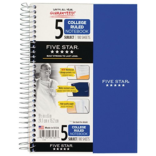 Five Star Spiral Notebook, 5 Subject, College Ruled Paper, 9-1/2" x 6", Blue (73659) - color: Cobalt Blue