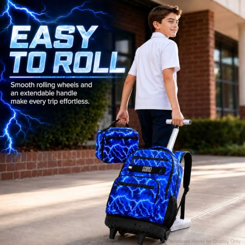 AGSDON Dynamic Lightning Men Rolling Backpack with Wheels Set – 20” Roller Bookbag for Boys with Matching Lunch Box for Travel, Commute & School | Water-Resistant Fashion Wheeled Organizer in Blue - color: Rolling Backpack Set - Lightning Blue