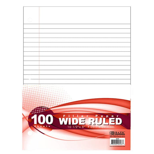 BAZIC Products Wide-Ruled Filler Paper, 3-Hole Punched, 100 Sheets, 36-Case | 10.5 x 8 in, fit standard 3-ring binders, class notes and homework - color: Wide Ruled (100 Sheets), size: 36-Pack