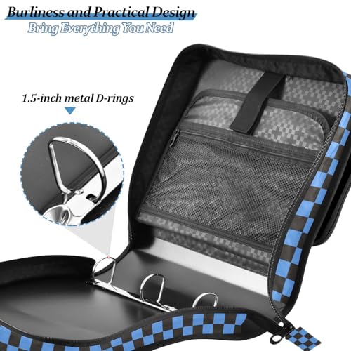 Blue Black Checkered Binder Bag 3 Ring Zipper Binders with Shoulder Strap for School Office Organizer Storage - color: Q005