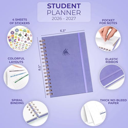 Clever Fox Academic Student Planner 2026-2027 – Hardcover Spiral-Bound Planner for School & College with Weekly & Monthly Calendar (Lavender) - color: Lavender