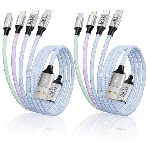 Dual Type C Ports Multi Charging Cable, 4 In 1 USB Cable Travel Charger for Multiple Devices with Two Type-C/Micro/IP Port, [2Pack/5FT] Phone Travel Vacation Essentials for All iPhone/Galaxy/Android - color: Light_Blue & 2PCS, size: 2Pack&5FT