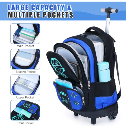 Bevalsa Rolling Backpack for Boys,Cool Luminous Gamer Roller School Backpacks with Lunch Box & Pencil Case,Kids Wheeled Schoolbag Bookbag with Wheels for Kindergarten Elementary School Travel - color: Blue