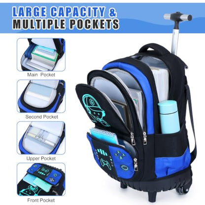Bevalsa Rolling Backpack for Boys,Cool Luminous Gamer Roller School Backpacks with Lunch Box & Pencil Case,Kids Wheeled Schoolbag Bookbag with Wheels for Kindergarten Elementary School Travel - color: Blue