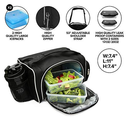 TO GO Meal Prep Bag Insulated Lunch Meals Bag W/6 Portion Control Containers,2 ICE PACKS, Shaker, Pill Box,With an Adjustable shoulder. bag for meals (Black)