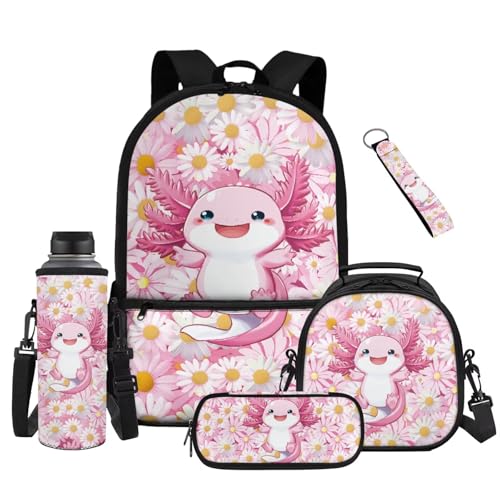Floral Axolotl School Bag Set for Kids 5 Pieces with Lunch Bag Pencil Case and Water Bottle Holder Large Capacity Backpack for Daily Use - color: Floral Axolotl