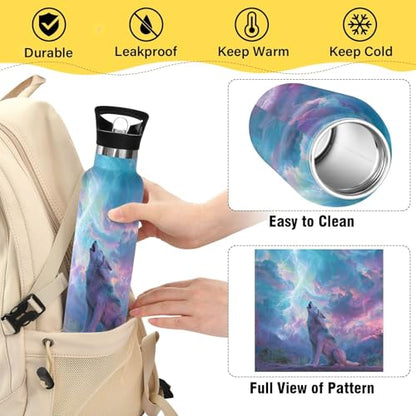 Kids Sport Water Bottle Wolf Lightning 20 oz Stainless Steel Cup Insulated Water Flask Travel Mug for Gym Travel School - color: Wolf