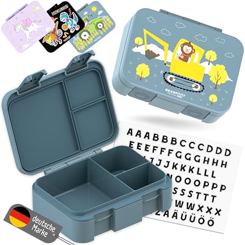 BEARFOOT Kids Lunch Box with Compartments – Compact & Lightweight | Leak-Proof, BPA-Free, Dishwasher Safe | Hand-Drawn Design for Preschool, School, Travel (Excavator Monkey Blue, 2.75 Cups) - color: ExcavatorMonkey-Blue, size: 2.75 Cups