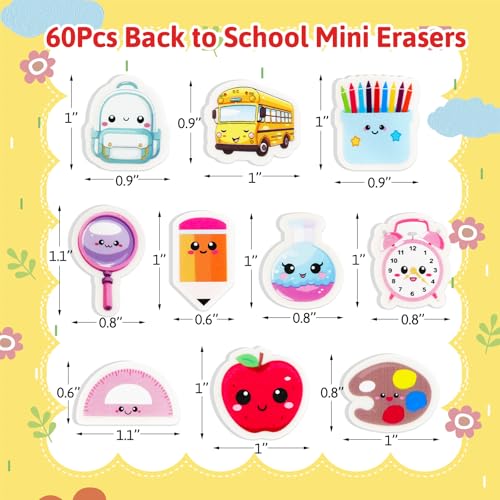 Ceiba Tree Cute School Erasers Bulk 60Pcs Mini Back to School Bus Schoolbag Alarm Pens Eraser for Student Classroom Prizes Stationery Homework Rewards Supplies Party Favors