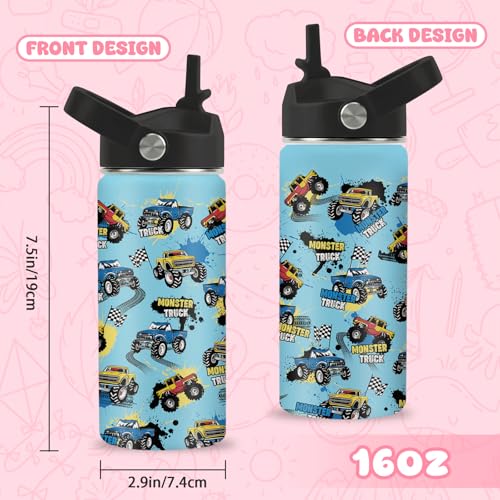 Monster Truck Boys Water Bottle, 16oz Kids Stainless Steel Insulated Water Bottle with Straw Lid, Monster Truck Travel Cup Tumbler, Birthday Gift for School Sport - color: Monster Truck