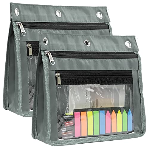 YoeeJob 2 Pack 1 Inch Expandable Zipper Pencil Pouches with Clear Window for 3 Ring Binder, Suitable for School & Office (Grey) - color: Gray