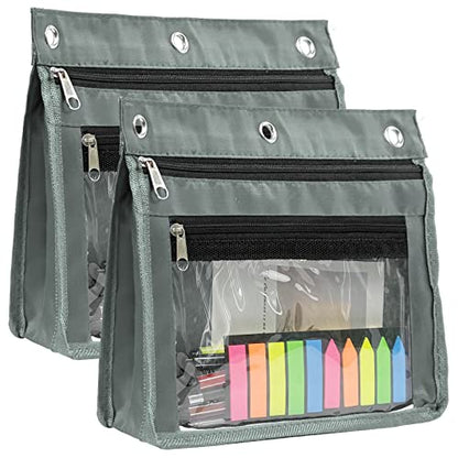 YoeeJob 2 Pack 1 Inch Expandable Zipper Pencil Pouches with Clear Window for 3 Ring Binder, Suitable for School & Office (Grey) - color: Gray
