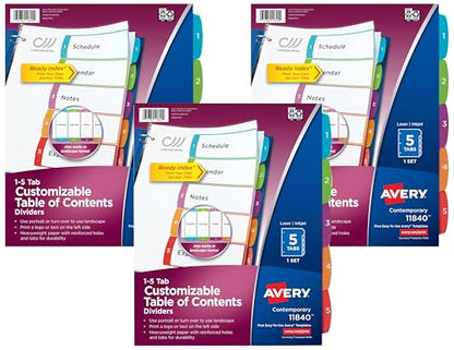 Avery 5 Tab Dividers for 3 Ring Binders, Customizable Table of Contents, Multicolor Tabs, 1 Set (11840) (Pack of 3) - size: Pack of 3