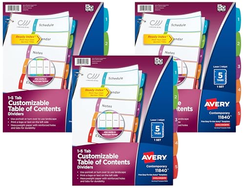 Avery 5 Tab Dividers for 3 Ring Binders, Customizable Table of Contents, Multicolor Tabs, 1 Set (11840) (Pack of 3) - size: Pack of 3
