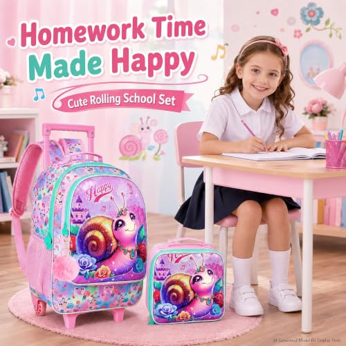 3Pcs Rolling Backpack for Girls, Kids Roller School Backpack with Wheels, Snail Wheeled Bookbag for Elementary Preschool Kindergarten(Pink) - color: Snail Pink