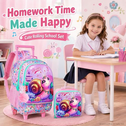 3Pcs Rolling Backpack for Girls, Kids Roller School Backpack with Wheels, Snail Wheeled Bookbag for Elementary Preschool Kindergarten(Pink) - color: Snail Pink