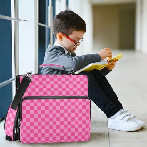 Zipper Binder Bag 3 Ring File Folder Portfolio Organizer Zippered Binder Bags with Strap Fits Laptop Women Men - color: 26-pink Checkered