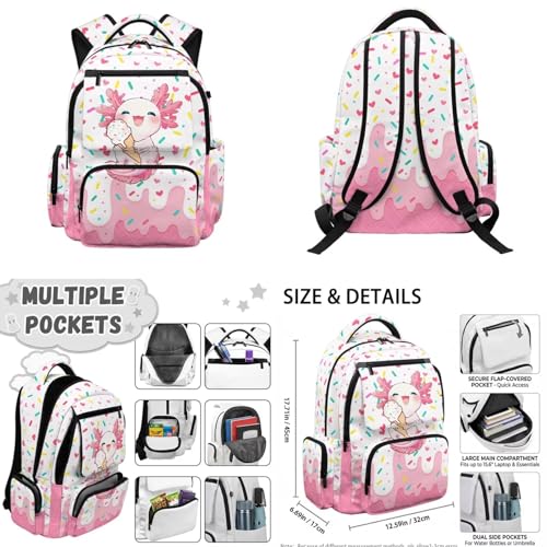 Ice Cream Backpack for Boys Axolotl Backpack for Girls with Lunch Box Kids Daypack with Zipper Pencil Pouch Water Bottle Holder 4PCS Set Bookbag with Front Pocket 17 inch School Accessories - color: Axolotl Ice Cream