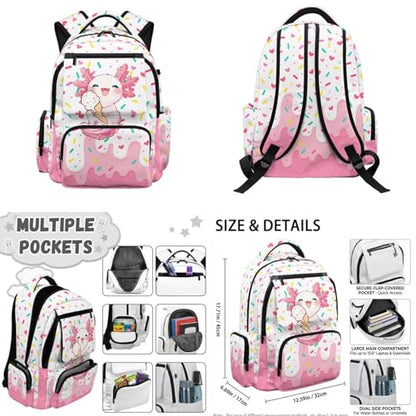 Ice Cream Backpack for Boys Axolotl Backpack for Girls with Lunch Box Kids Daypack with Zipper Pencil Pouch Water Bottle Holder 4PCS Set Bookbag with Front Pocket 17 inch School Accessories - color: Axolotl Ice Cream