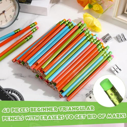 Fainne 48 Pcs Fat Pencils Jumbo Big Thick Large Pencils and 3 Pieces Sharpeners for Kids Beginners Preschoolers Kindergarten School Office Supplies(Multicolor,Round) - color: Multicolor, style: Round