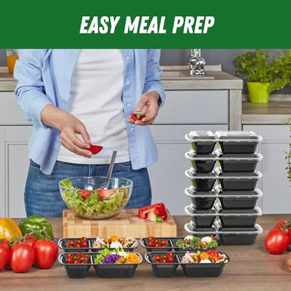 Dealusy 50 Pack (100-Piece) 28 oz Meal Prep Containers Reusable with Lids 2-Compartment, Sturdy Leakproof Food Safe, Microwave Freezer Dishwasher Safe, To Go Take Out Plastic Food Storage, Black - color: Black