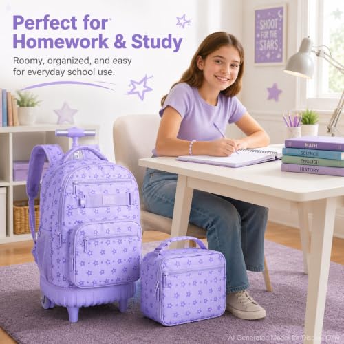 HPJGD 3PCS Girls Rolling Backpack, Purple Star Wheeled School Backpacks, Water-Resistant Roller Bookbag Set - color: Purple Star Rolling Backpack Set