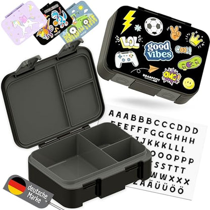BEARFOOT Kids Lunch Box with Compartments – Compact & Lightweight | Leak-Proof, BPA-Free, Dishwasher Safe | Hand-Drawn Design for Preschool, School, Travel (Sticker Black, 2.75 Cups) - color: Sticker-Black, size: 2.75 Cups