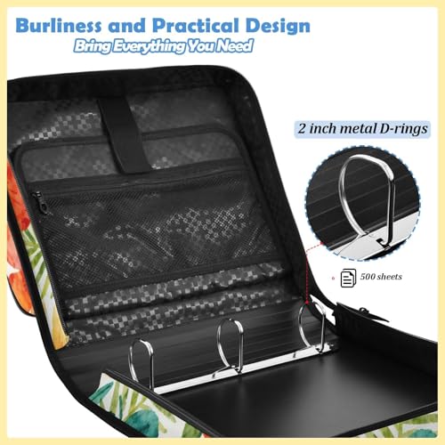 Tropical Flowers Leaves Zipper Binder with 2 Inch D-Rings Expandable File Portfolio with Shoulder Strap, Waterproof Nylon Organizer for 14" Laptop for Work College Travel