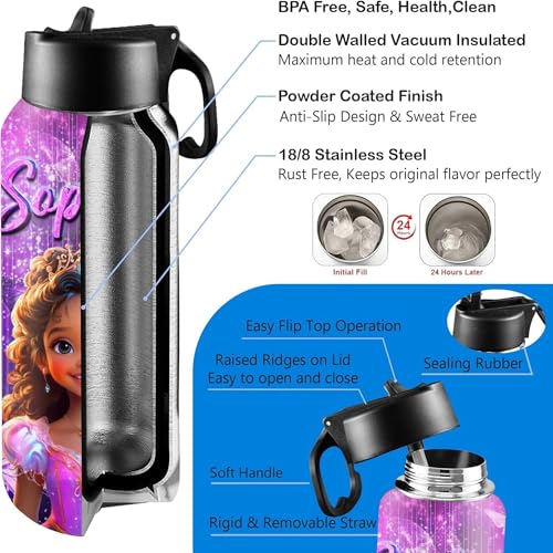 D-Story Custom Water Bottles Back to School Gift for Girls 18Oz Personalized Stainless Steel Insulated Water Bottle with Straw Lid Customized Name Princess Bottles Daughter Birthday Gifts - color: Design 22