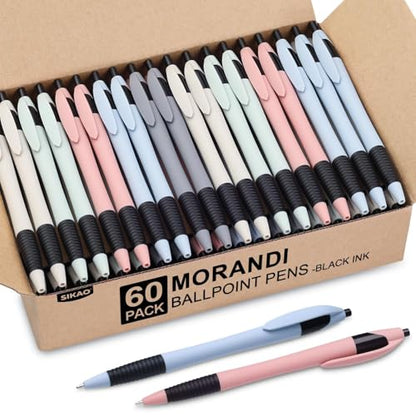 Pens Bulk, 60 Pack Gripped Slimster Ballpoint Pens -Morandi | Black Ink 1.0mm, No Bleed No Skip Smooth Writing, Click Pens with Soft Grip for Teacher Student, School & Office Gifting - style: Morandi