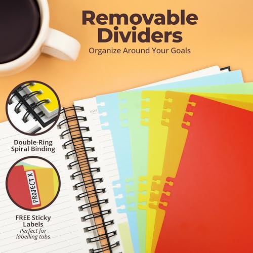 Hardcover Leather Lined Spiral Notebook 8x10" with Removable Dividers - Black - 300 Pages 5 Subject College Ruled Notebook for Work with Tabs, Pockets, and Pen Loop for Note Taking, Large Journal - color: Black