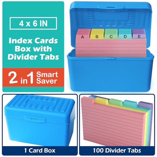 Olivo 4x6 Index Card Holder Box with 100 Cards Dividers Tabs 4"x 6", Blue - color: Blue, size: 4" x 6"