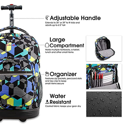 J World Sunrise Kids Rolling Backpack with Wheels for Girls Boys, Roller Bookbag for School, 18 x 13 x 9 Inches, Cubes - color: Cubes