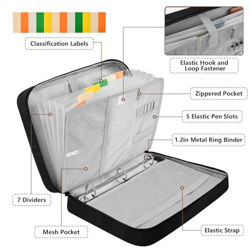 Wolf Moon Heavy-Duty with 3-Ring Binder Board Binder Bag, 7-Pocket Binder Portfolio Case with Inner Stationery Pockets for Home Office