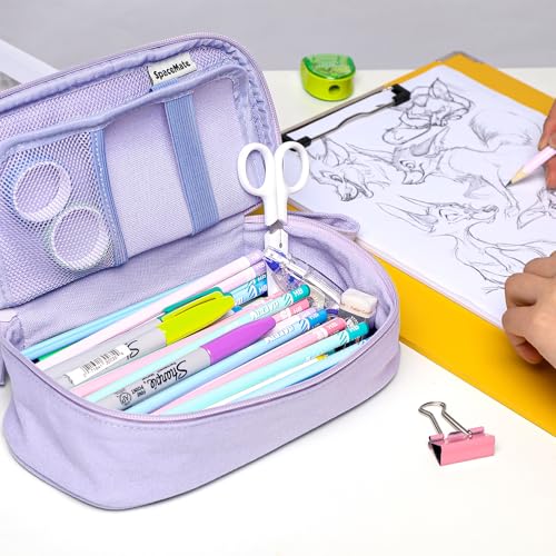 SPACEMATE Pencil Case Pouch Box Bag School Supplies Girls Boys Kids, Cute Preppy Stuff Large Big Capacity Aesthetic Pen Organizer, Back to College Stationary, Purple, Heavy Duty Canvas, 1800ml - color: Purple