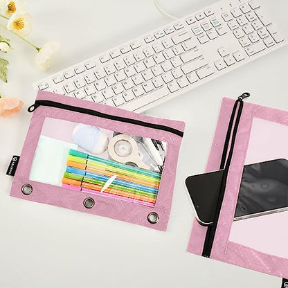 MCHIVER Pink Pencil Pouch for 3 Ring Binder Pencil Pouches with Zippers Clear Window Binder Pockets Pencil Bags for Work Daily Office 2 Packs - color: Pink