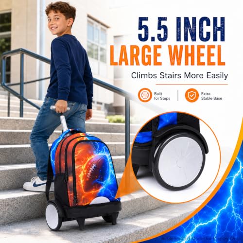 gxtvo Large Wheels & Quiet Glide | Rolling Backpack for Kids - Water-Resistant Wheeled Bag with Lunch Box for School, Travel & Outings - Fire & Lightning Rugby - color: Rolling Backpack Fire Lightning Rugby
