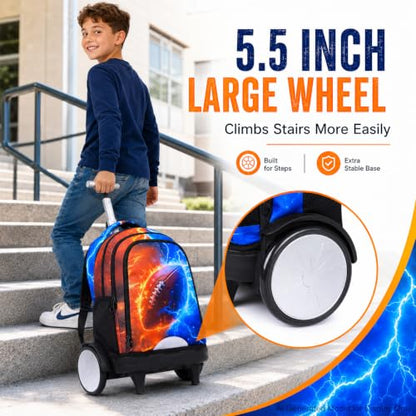 gxtvo Large Wheels & Quiet Glide | Rolling Backpack for Kids - Water-Resistant Wheeled Bag with Lunch Box for School, Travel & Outings - Fire & Lightning Rugby - color: Rolling Backpack Fire Lightning Rugby